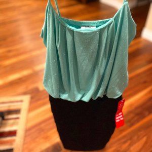 Flattering Dress teal and black fitted. Medium. Must have party dress.